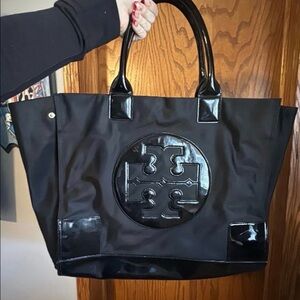 Tory Burch Black Nylon Tote with Patent Trim and Logo